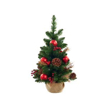 עץ אשוח עם תחתית קנבס, אצטרובלים וקישוטים אדומים - 45 ס״מ