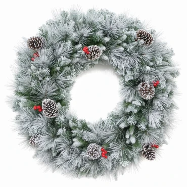 זר כריסמס דקורטיבי מושלג עם אצטרובלים ופירות יער - 50 ס״מ