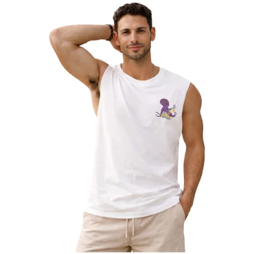 גופיית גבר לבנה עם הדפס אוקטופוס וגלשן