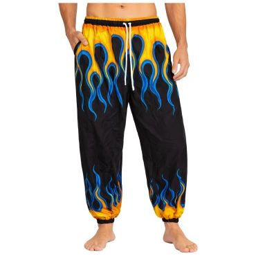 שרוואל שחור עם הדפס להבות כחול צהוב