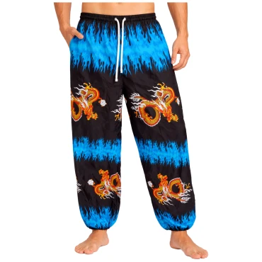 שרוואל שחור עם הדפס דרקונים וכחול להבה