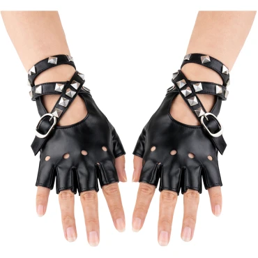 זוג כפפות דמוי עור עם רצועות ניטים - שחור