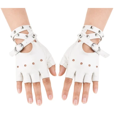 זוג כפפות דמוי עור עם רצועות ניטים - לבן