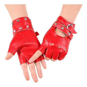 זוג כפפות דמוי עור עם רצועות ניטים - אדום