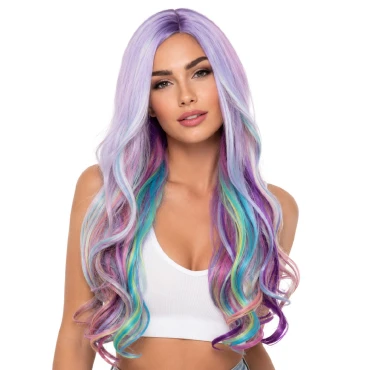פאה ארוכה גלית בגווני פסטל סגול, תכלת וורוד