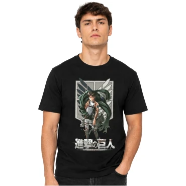 חולצת Attack on Titan שחורה לוי וסמל חיל הסיור