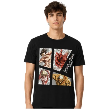 חולצת Attack on Titan שחורה קולאז' מנגה ודמויות הטיטאנים