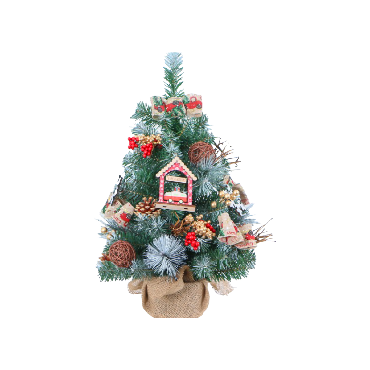 עץ אשוח עם תחתית קנבס וקישוטים בגווני אדום - 45 ס״מ