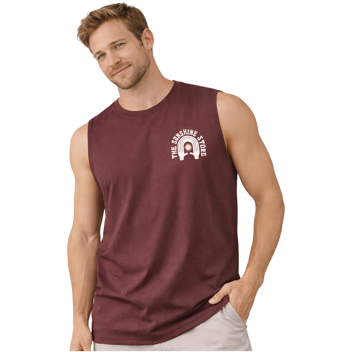 גופיית גבר בורדו Sunshine Store עם הדפס אחורי