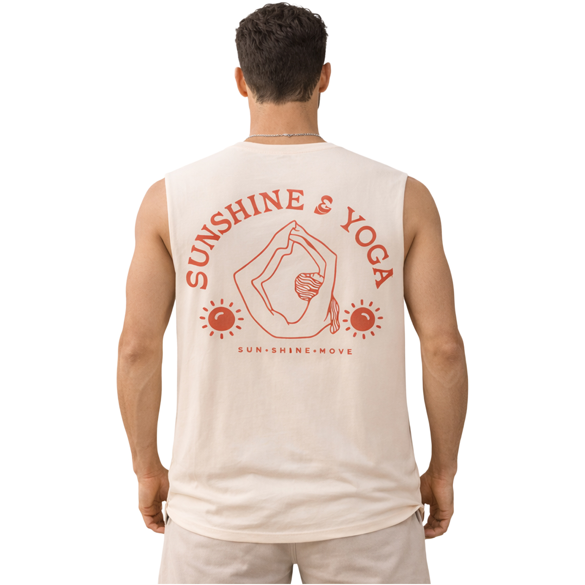 גופיית גבר בז' Sunshine & Yoga עם הדפס בגב