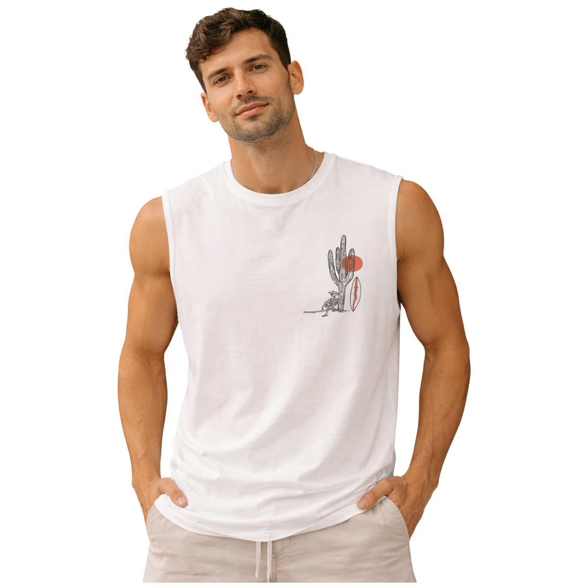 גופיית גבר לבנה עם הדפס קקטוס וגלשן