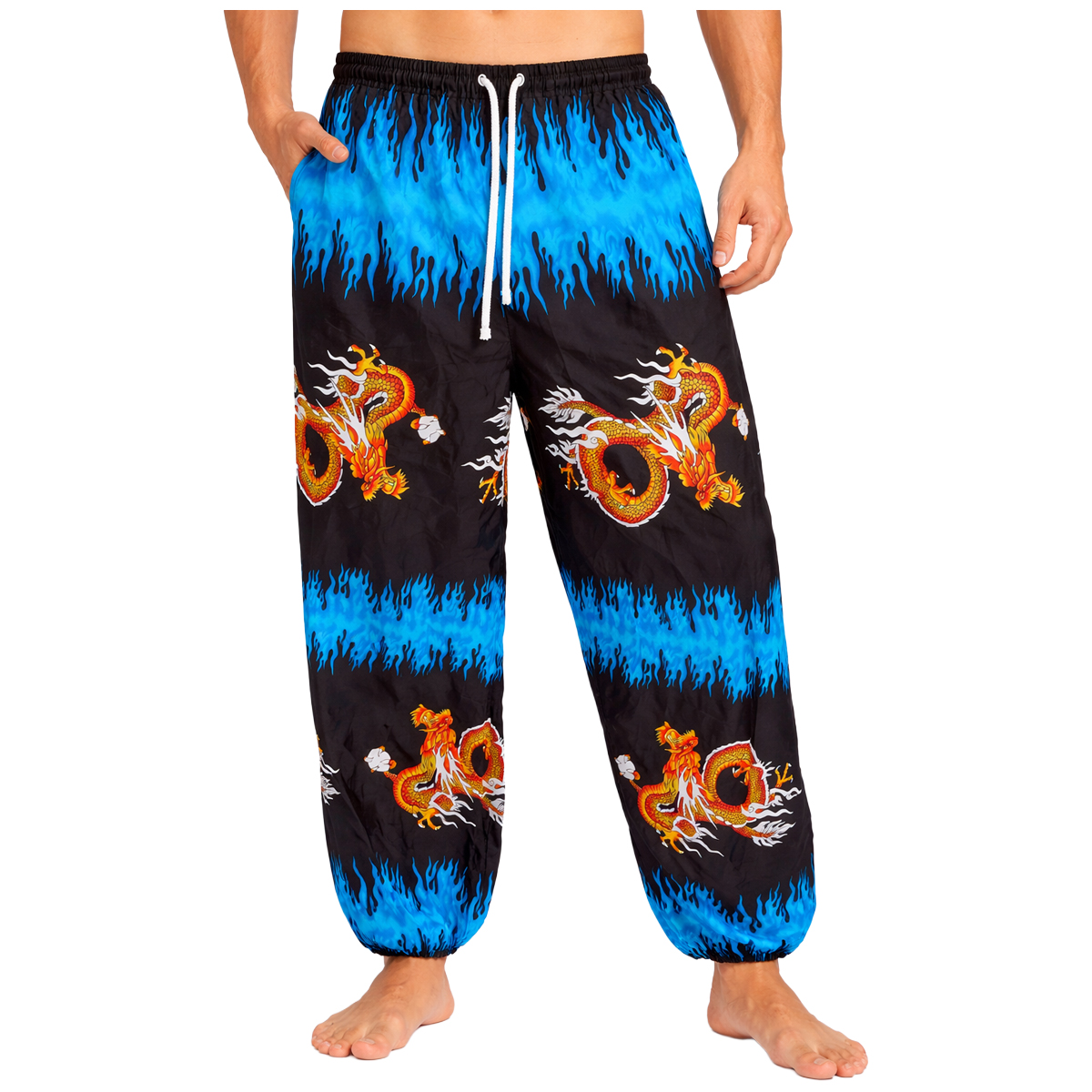 שרוואל שחור עם הדפס דרקונים וכחול להבה